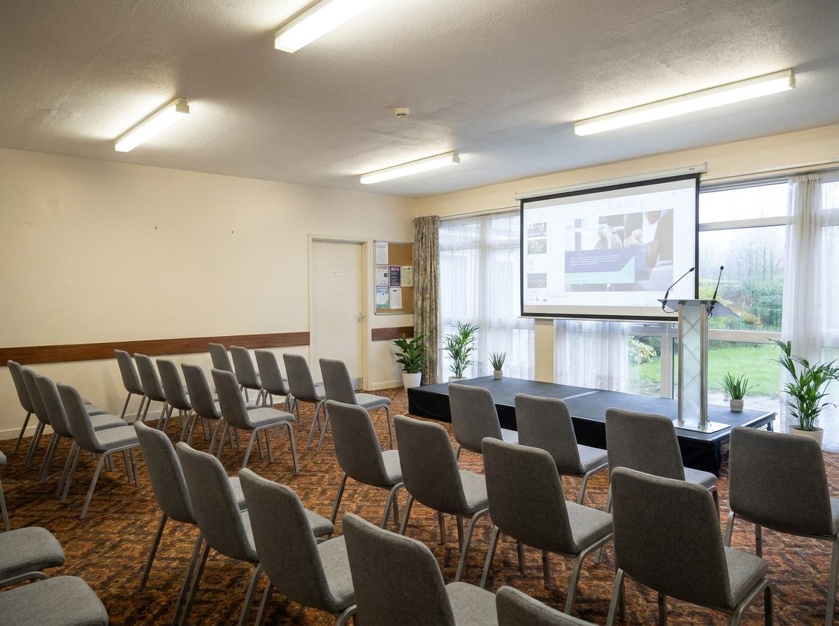 The hall set up for a conference