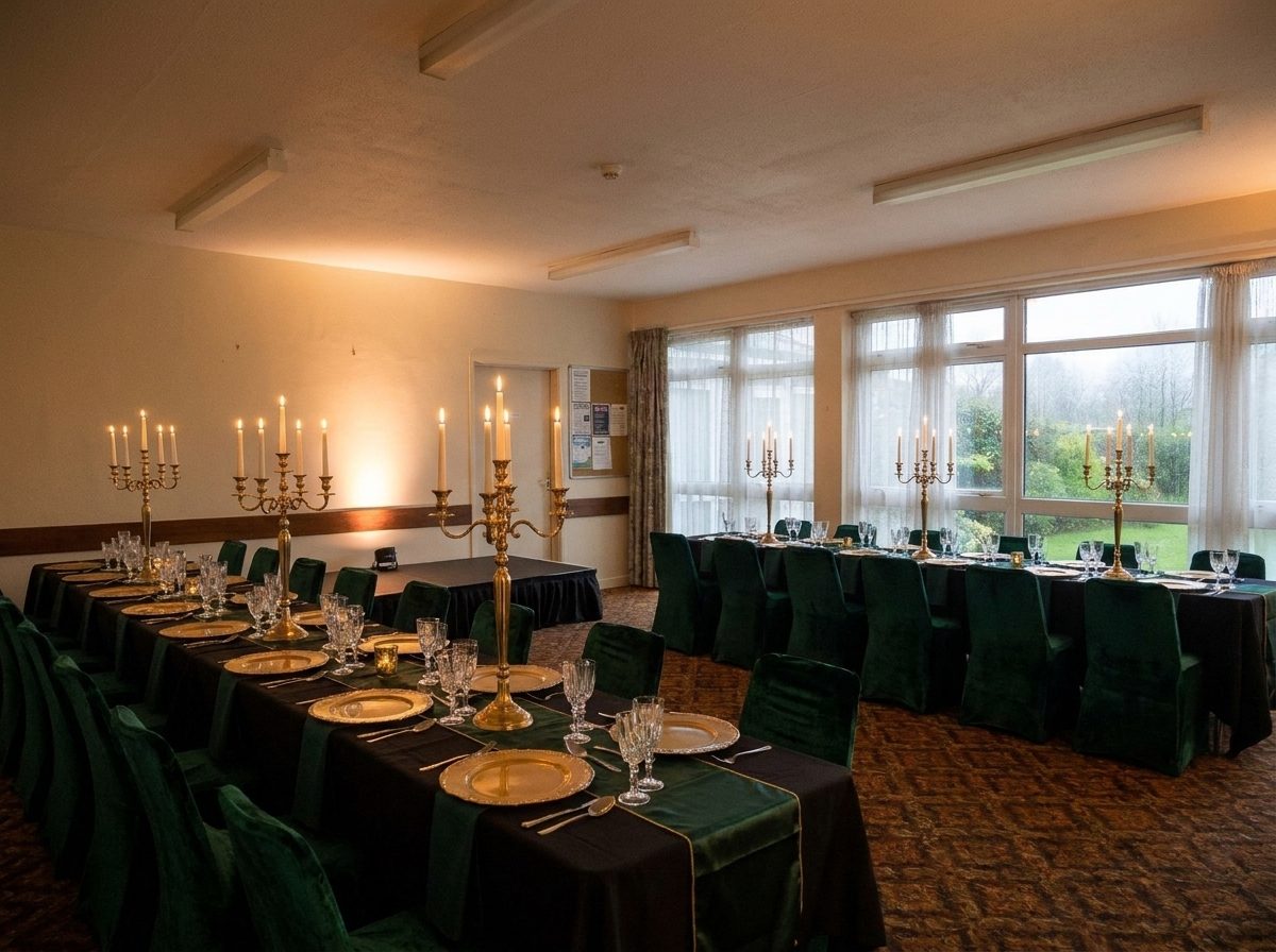 The hall dressed for a gala dinner