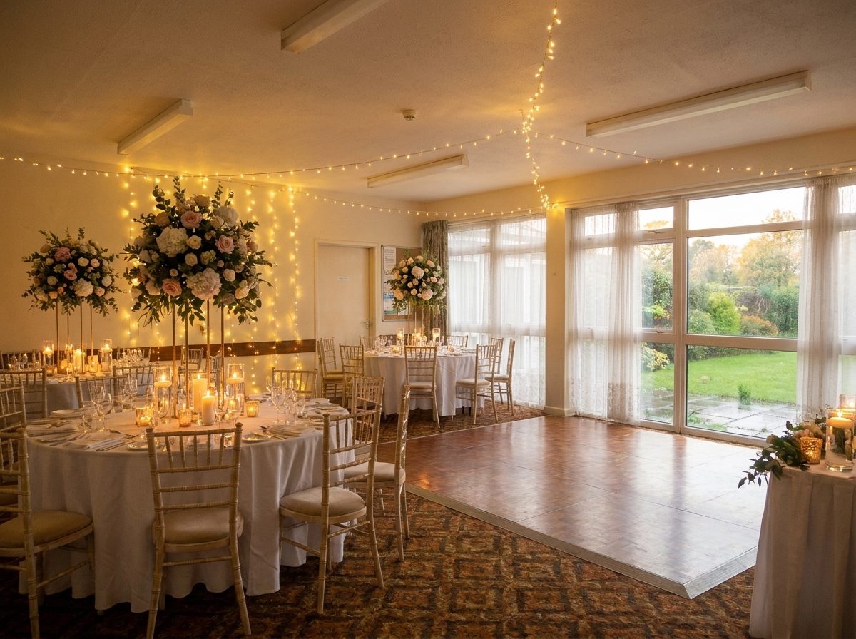 The same hall dressed for a wedding